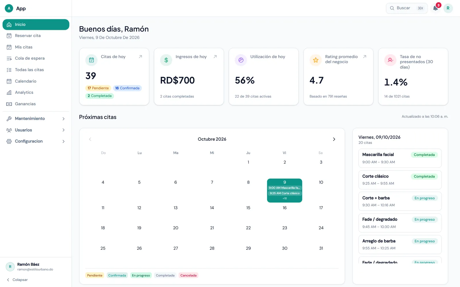 Home dashboard with indicators for the day, a monthly calendar and the list of appointments