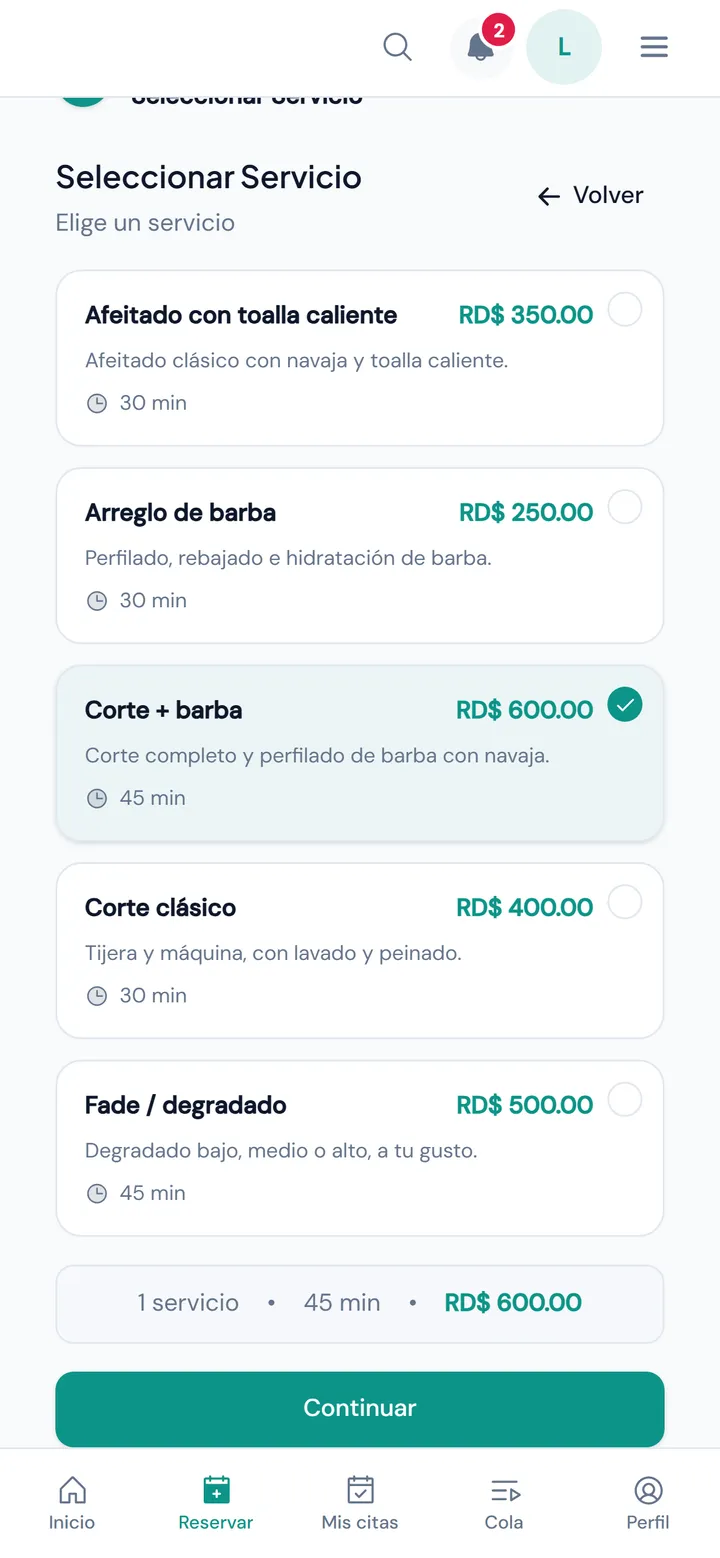 Booking step 2: services with duration and price in Dominican pesos