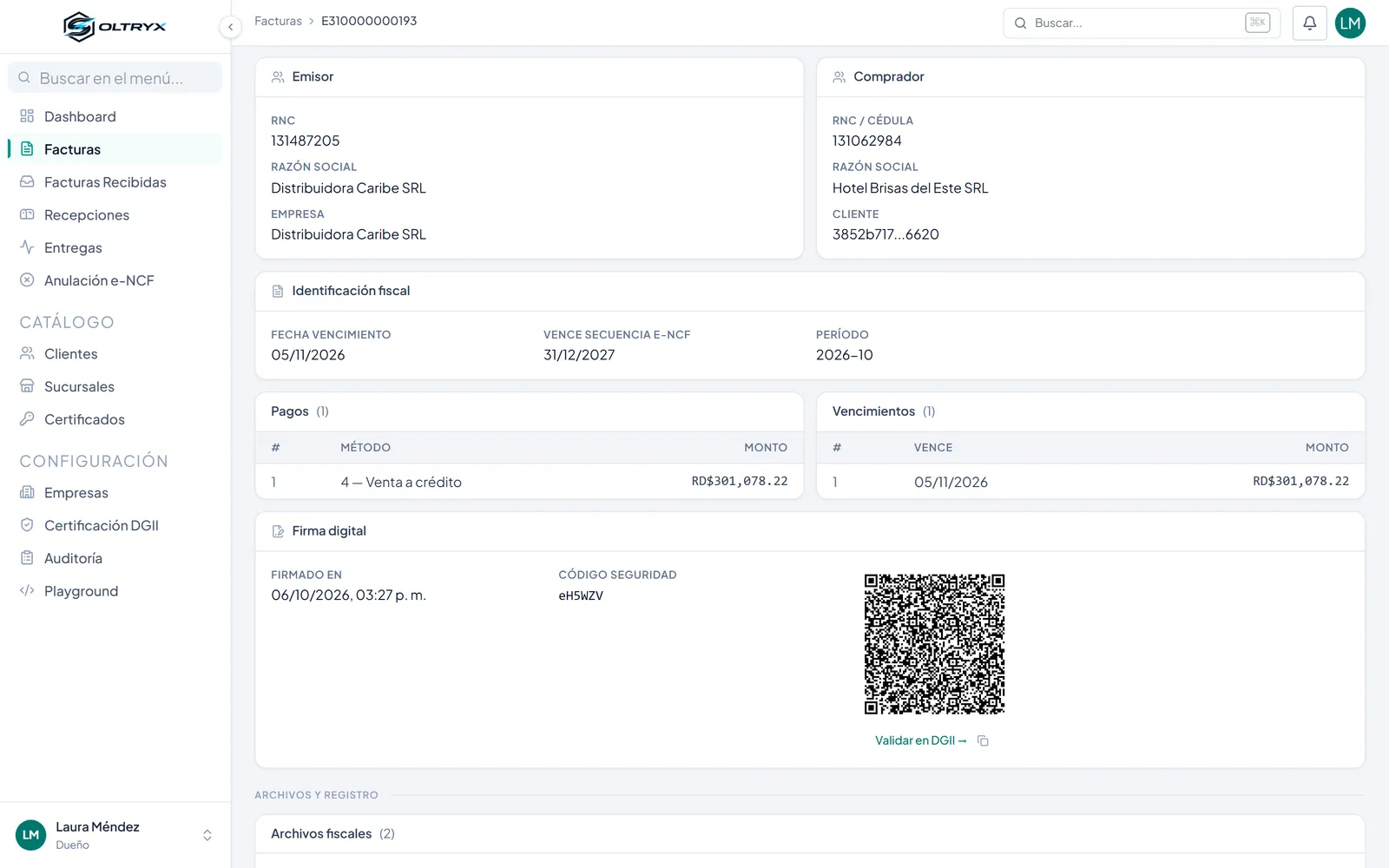 Digital signature of an electronic invoice, with its security code and QR code