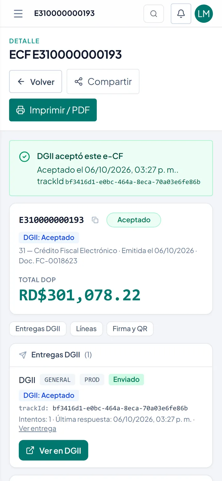 Electronic invoice accepted by the DGII, shown on a phone