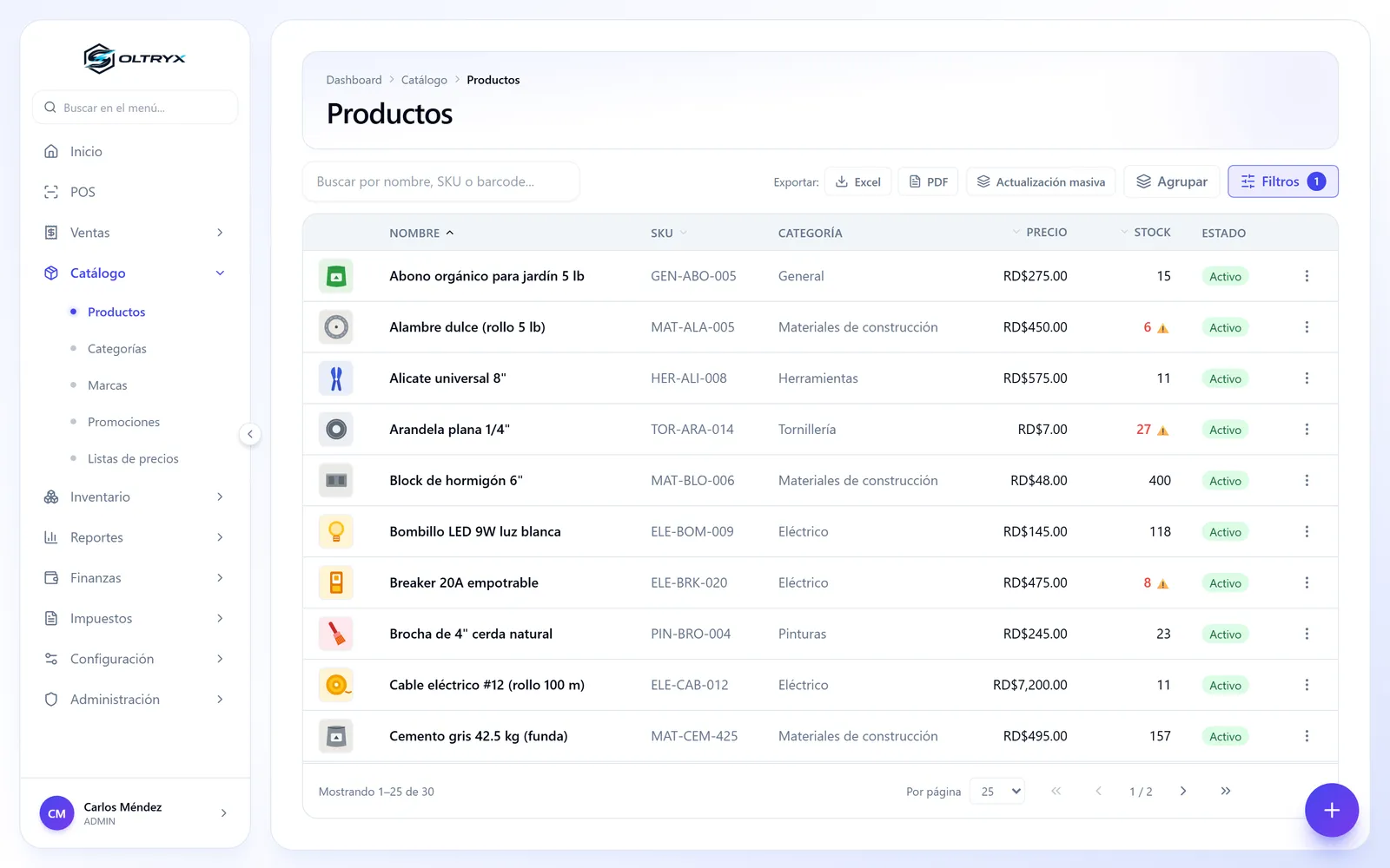 Point of sale product list with SKU, category, price and stock