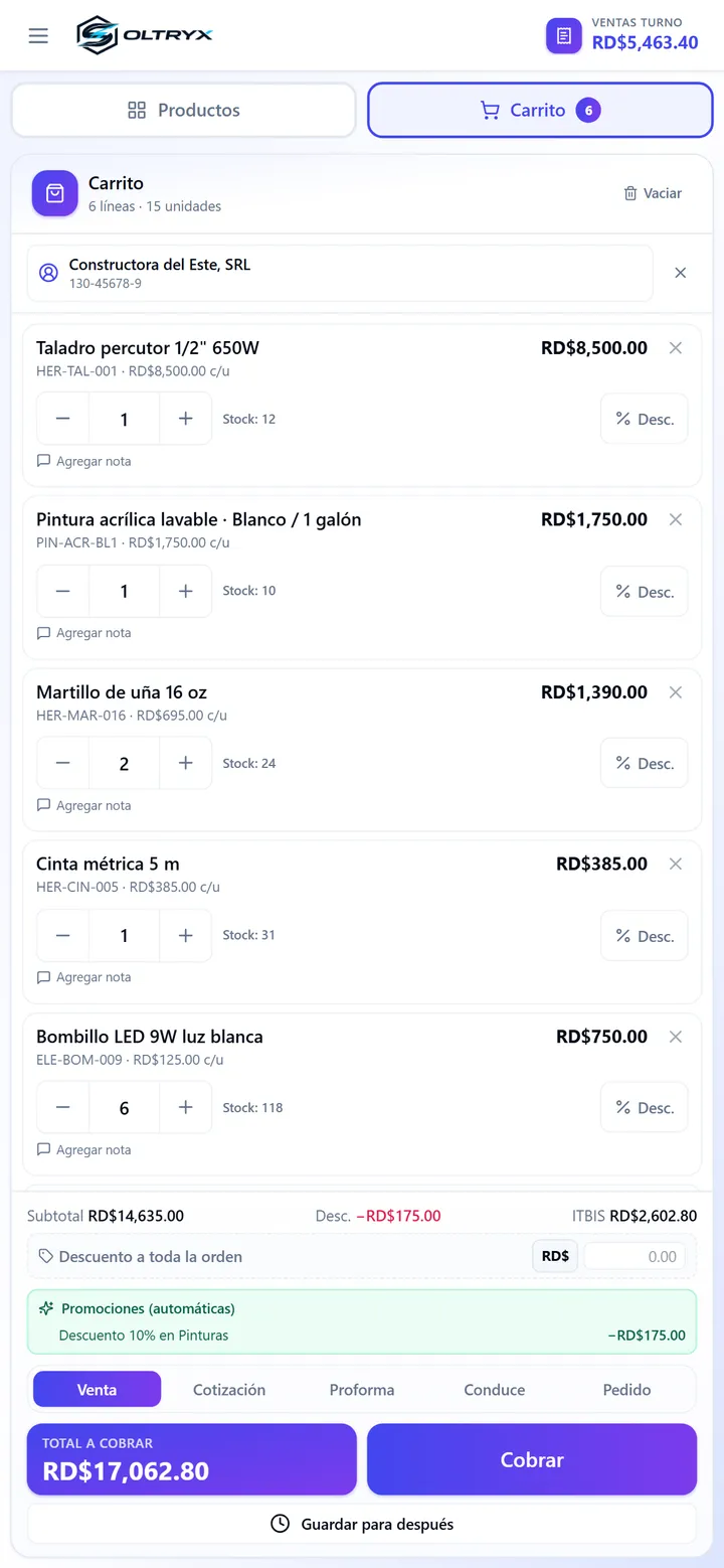Carrito del punto de venta en un teléfono, con el total a cobrar y el botón Cobrar