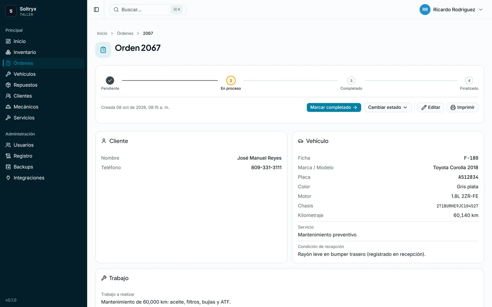 Work order detail in Workshop Management, with its progress by stage and the customer and vehicle data