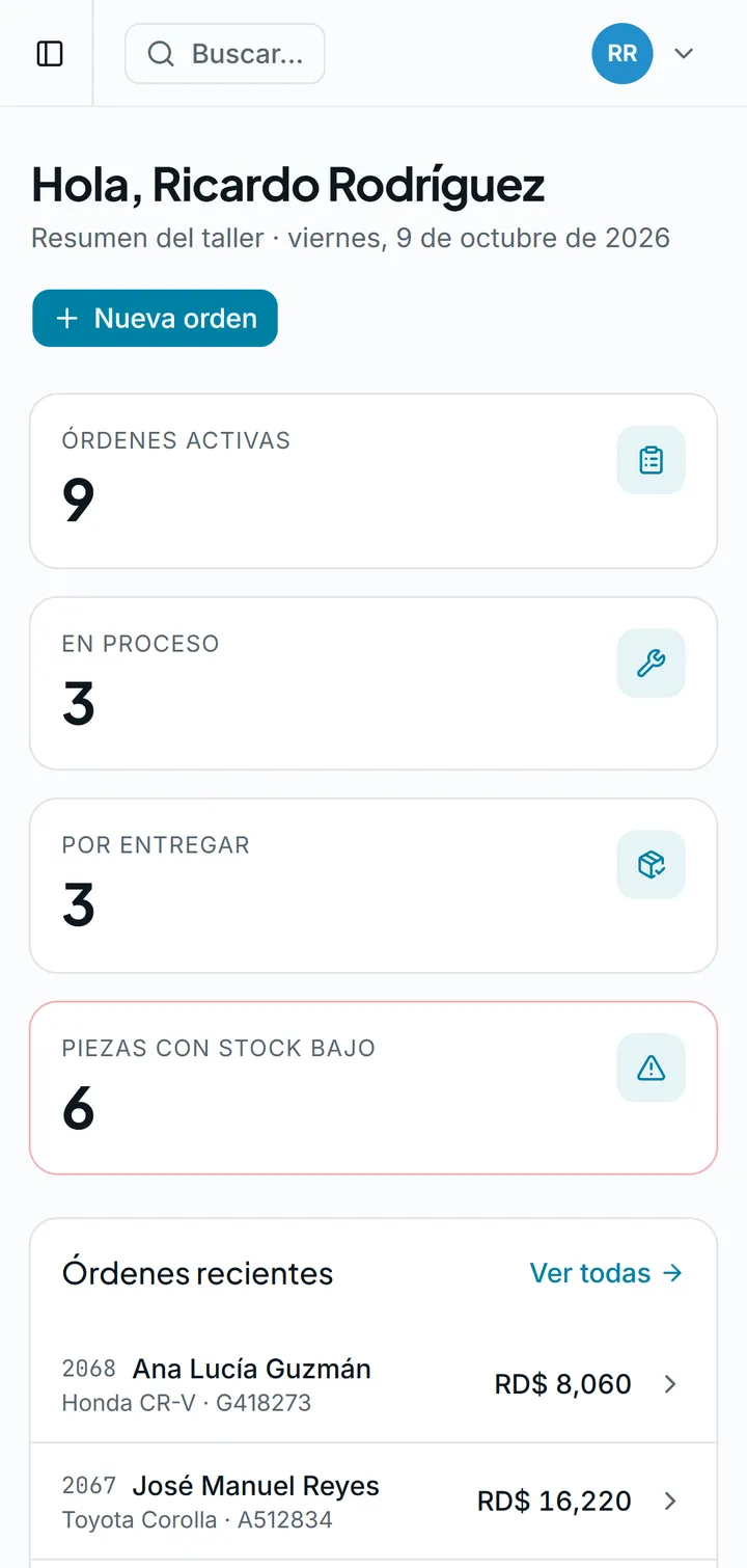 Workshop Management home on a phone, with indicators and recent orders